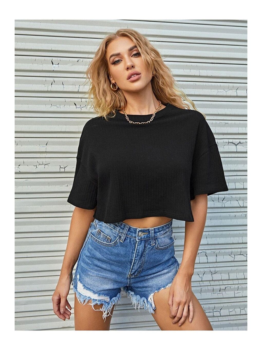 Trendseninle Siyah Kadın Siyah Oversize Fitilli Bel Crop Bluz