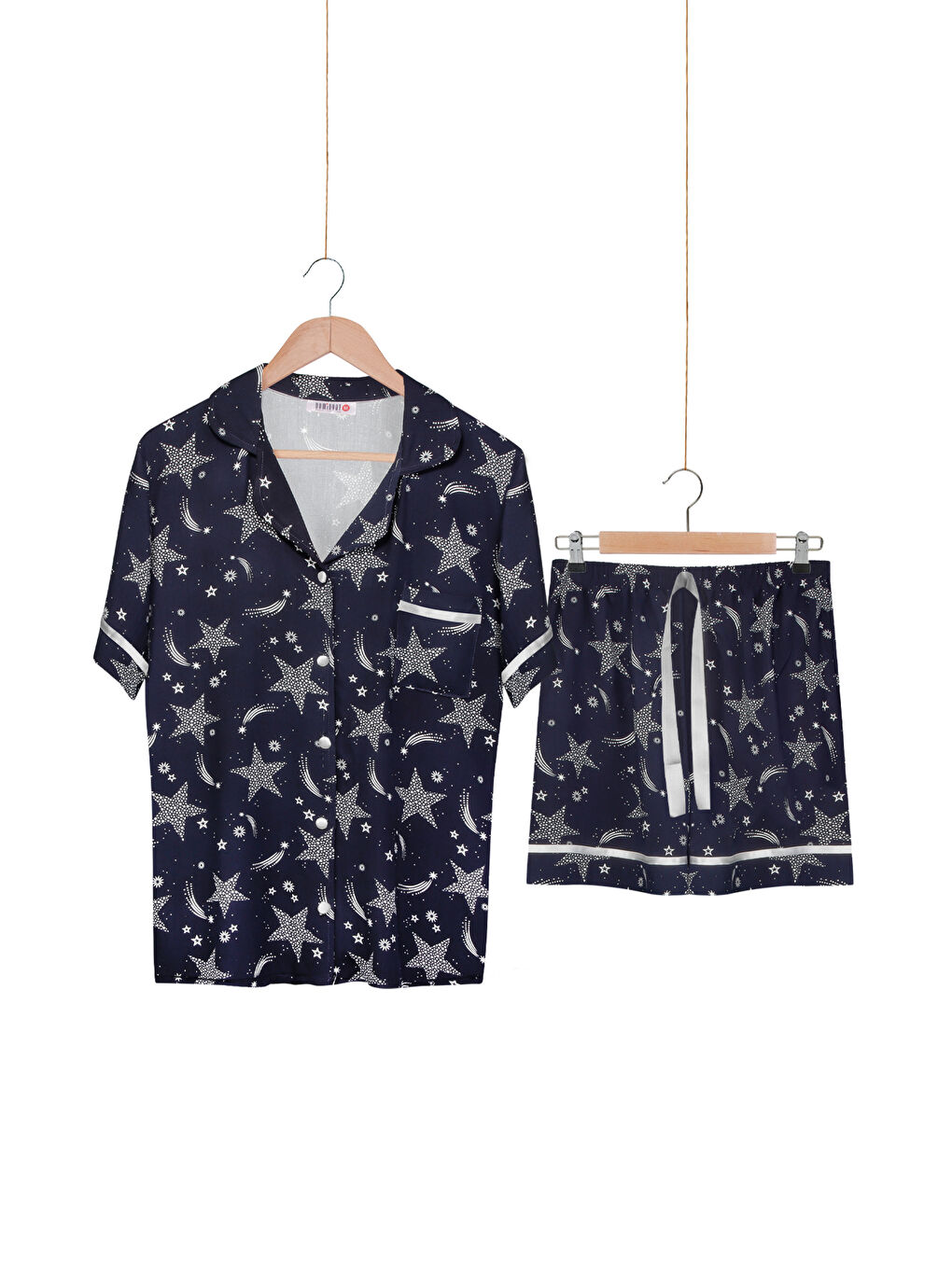 Lacivert Kadın %100 Dokuma Viskon Düğmeli Şortlu Pijama Takım