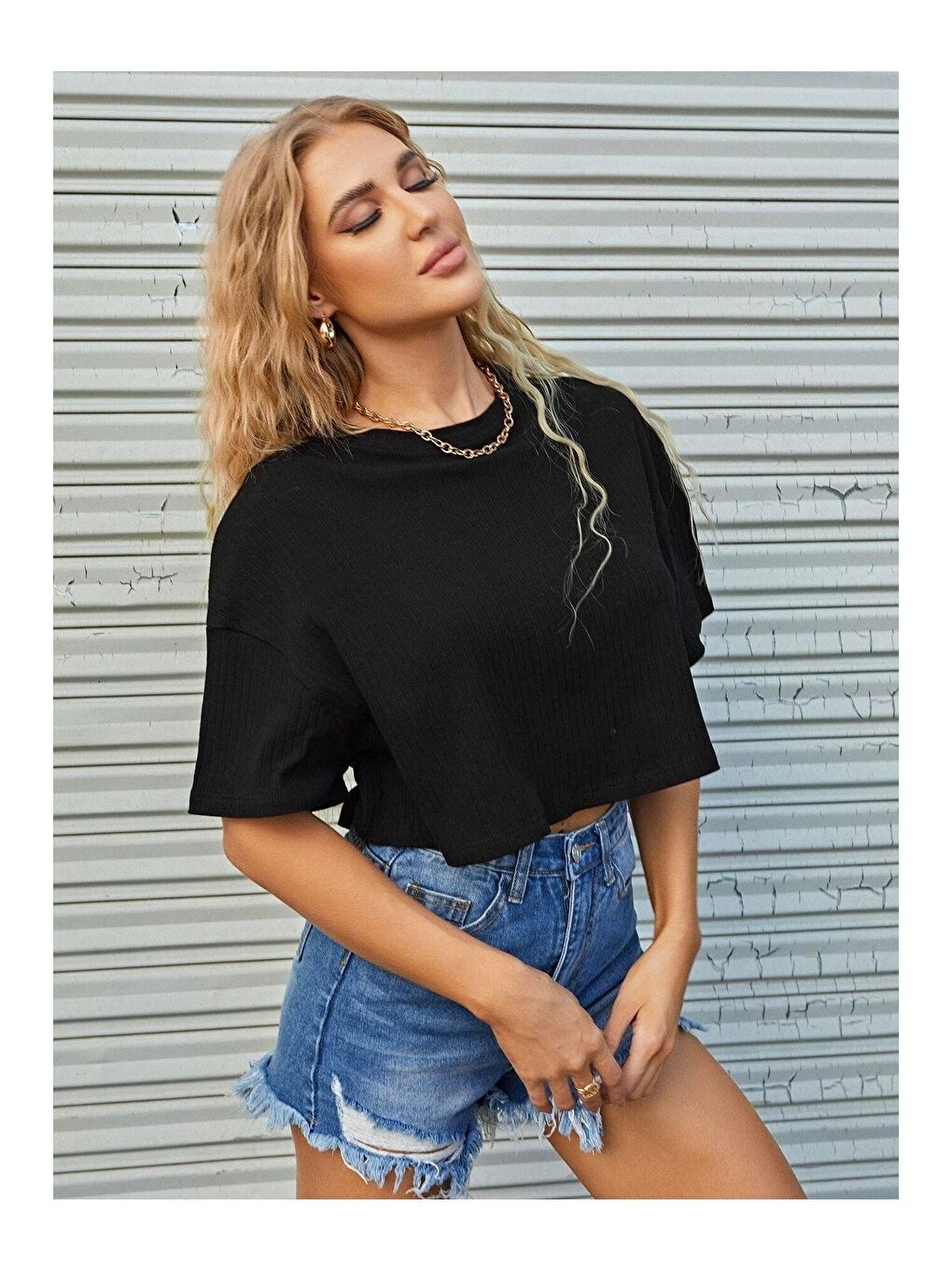 Trendseninle Siyah Kadın Siyah Oversize Fitilli Bel Crop Bluz - 1