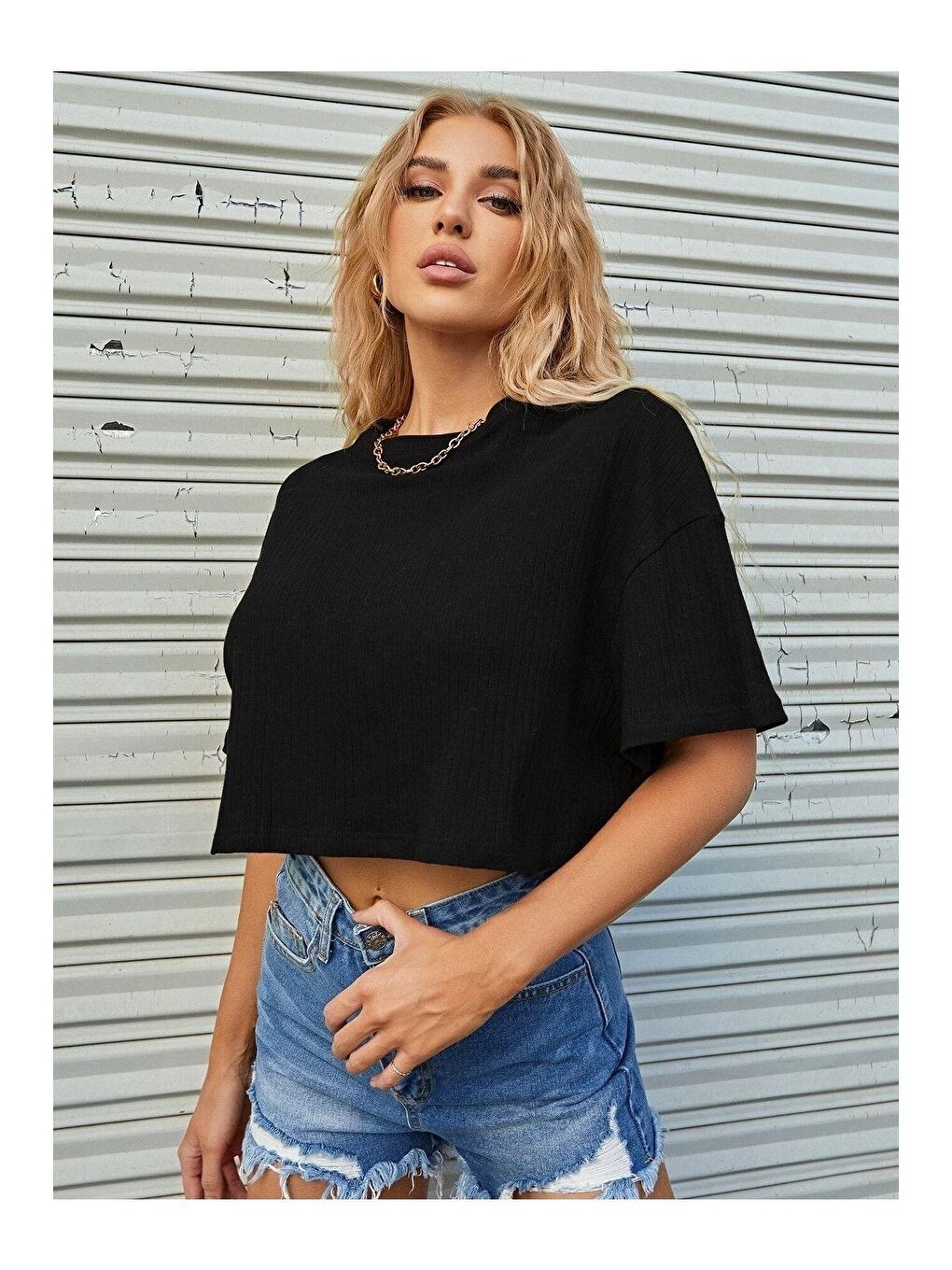 Trendseninle Siyah Kadın Siyah Oversize Fitilli Bel Crop Bluz - 2