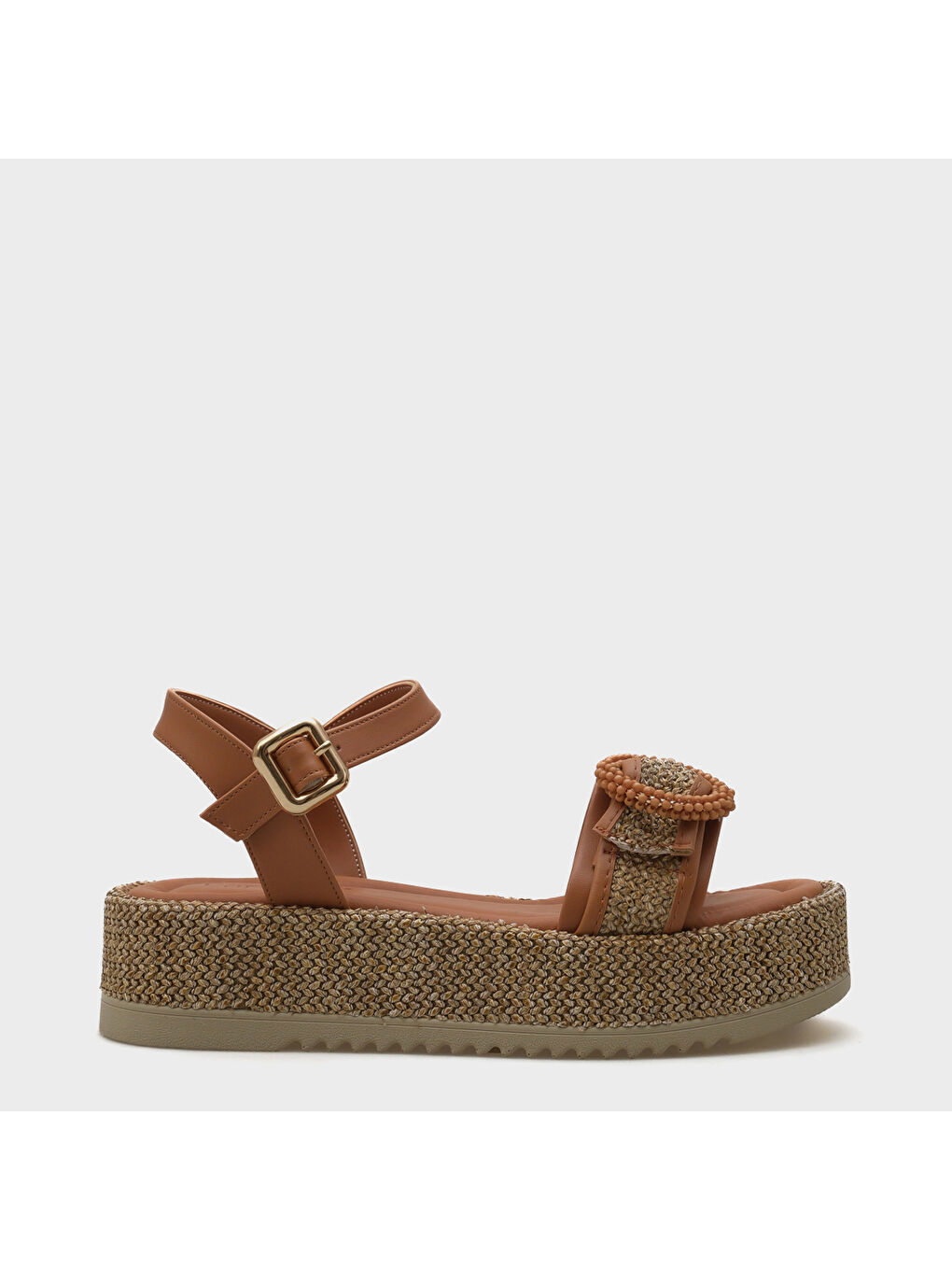 Kahverengi Vanda Ahşap Tek Tokalı Leoparlı Hasırlı Dolgu Topuklu Kadın Sandalet-1