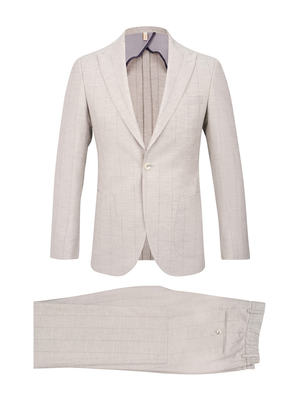 Gri Slim Fit Çizgili Sivri Yaka Keten Casual Takım Elbise