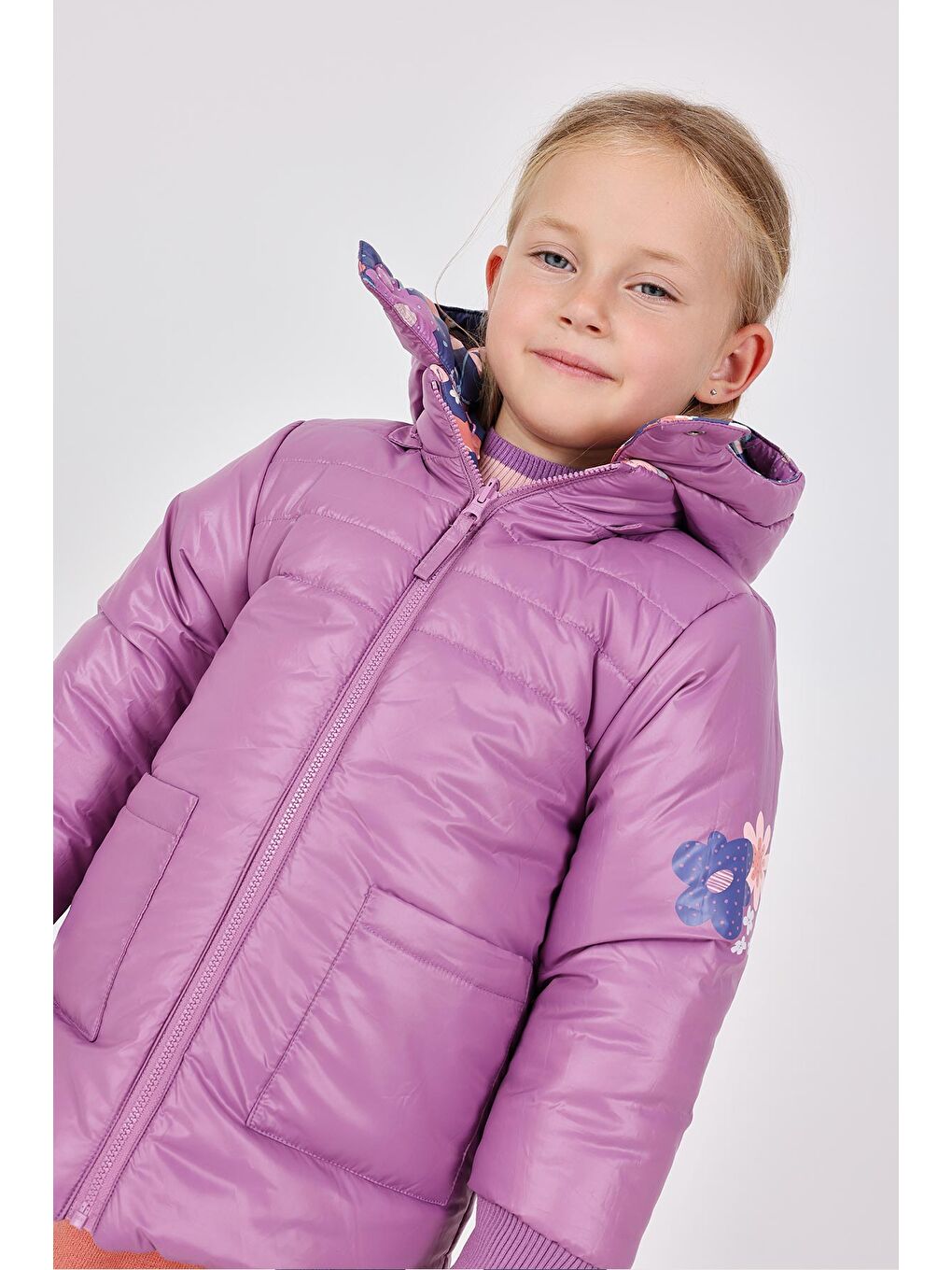 Mor Kız Çocuk Çiçek Desenli Mont-1