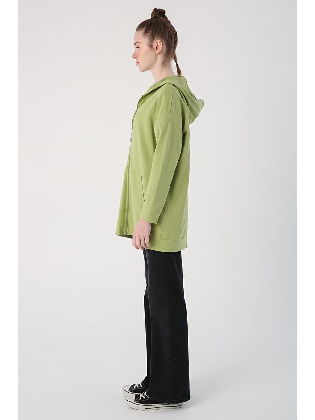 Açık Yeşil Kapüşonlu Fermuarlı Sweat Hırka-2