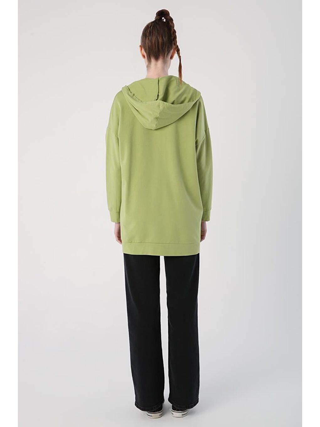 Açık Yeşil Kapüşonlu Fermuarlı Sweat Hırka-3