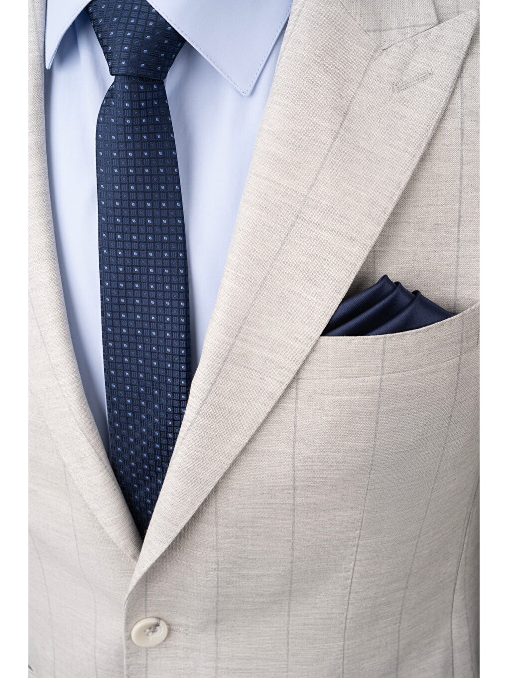 Gri Slim Fit Çizgili Sivri Yaka Keten Casual Takım Elbise-1