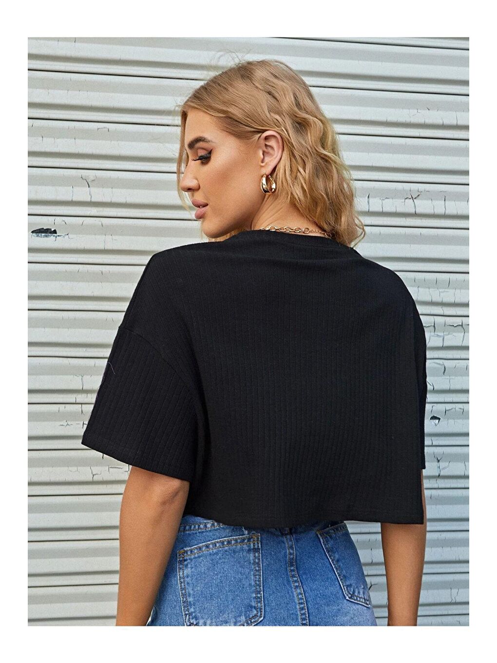 Trendseninle Siyah Kadın Siyah Oversize Fitilli Bel Crop Bluz - 3