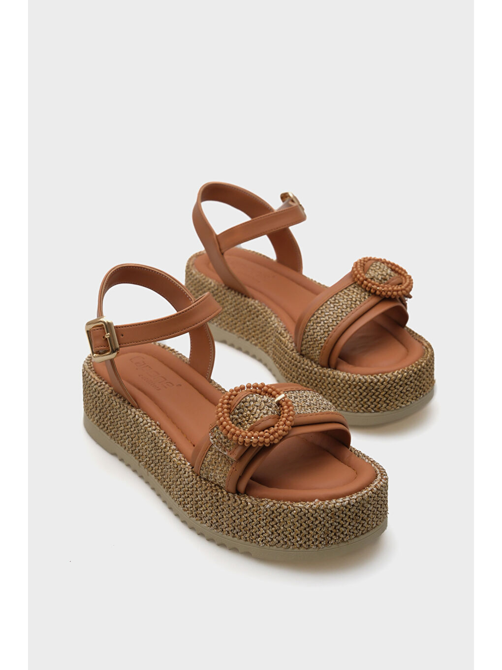 Kahverengi Vanda Ahşap Tek Tokalı Leoparlı Hasırlı Dolgu Topuklu Kadın Sandalet-2