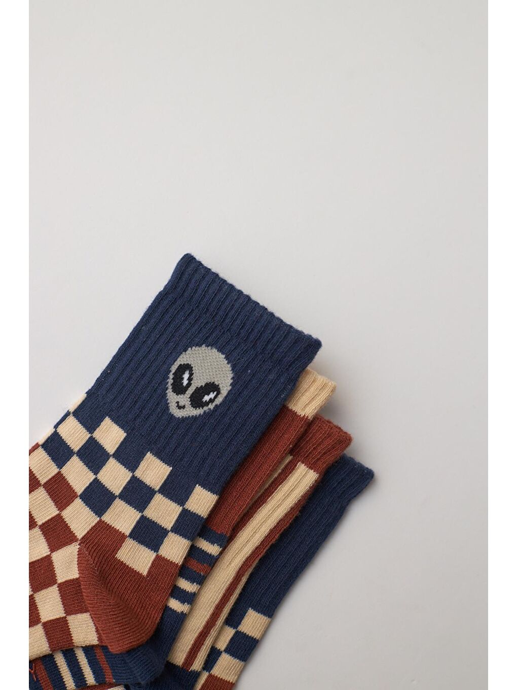 Çocuk Uzay Desenli 4 Lü Paket Soket Çorap Kahverengi Karışık-1