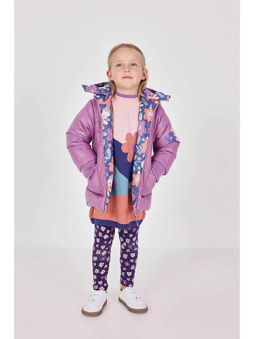 Mor Kız Çocuk Çiçek Desenli Mont-10