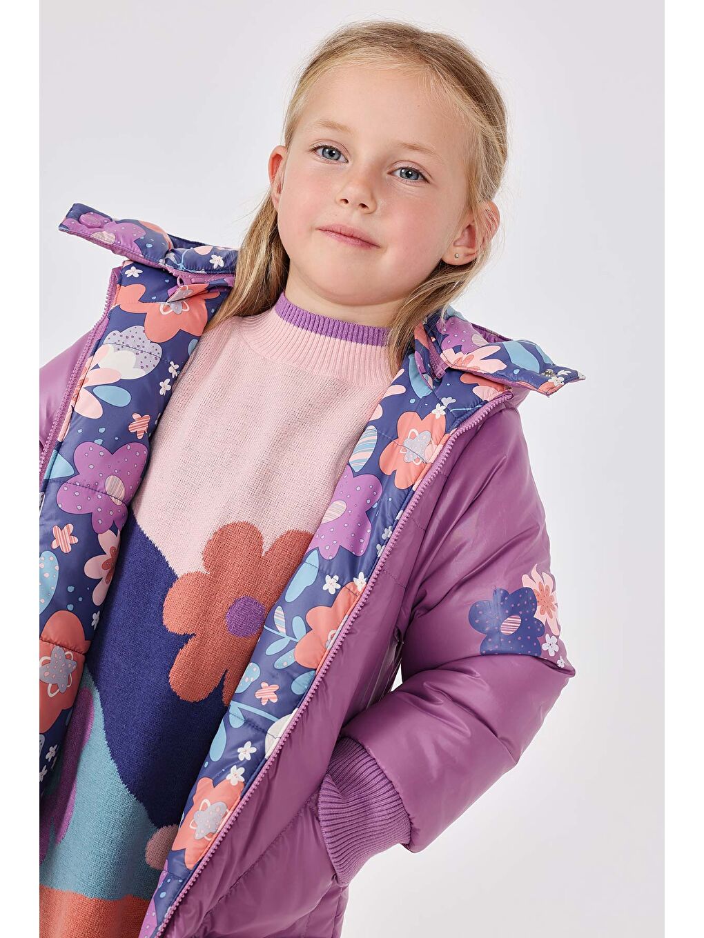 Mor Kız Çocuk Çiçek Desenli Mont-11