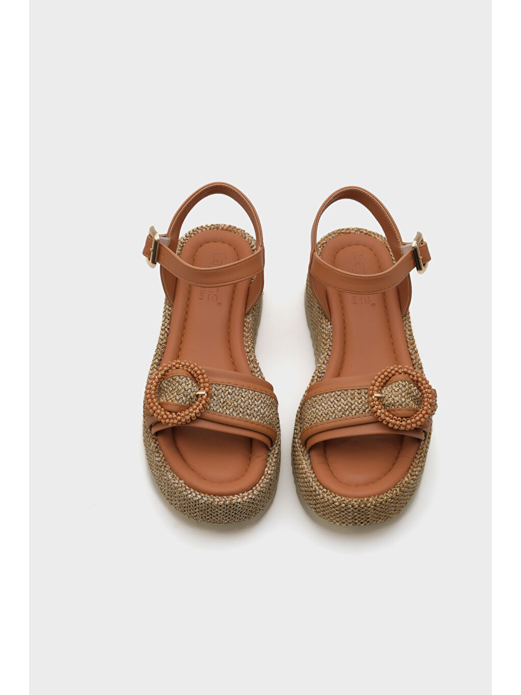 Kahverengi Vanda Ahşap Tek Tokalı Leoparlı Hasırlı Dolgu Topuklu Kadın Sandalet-6