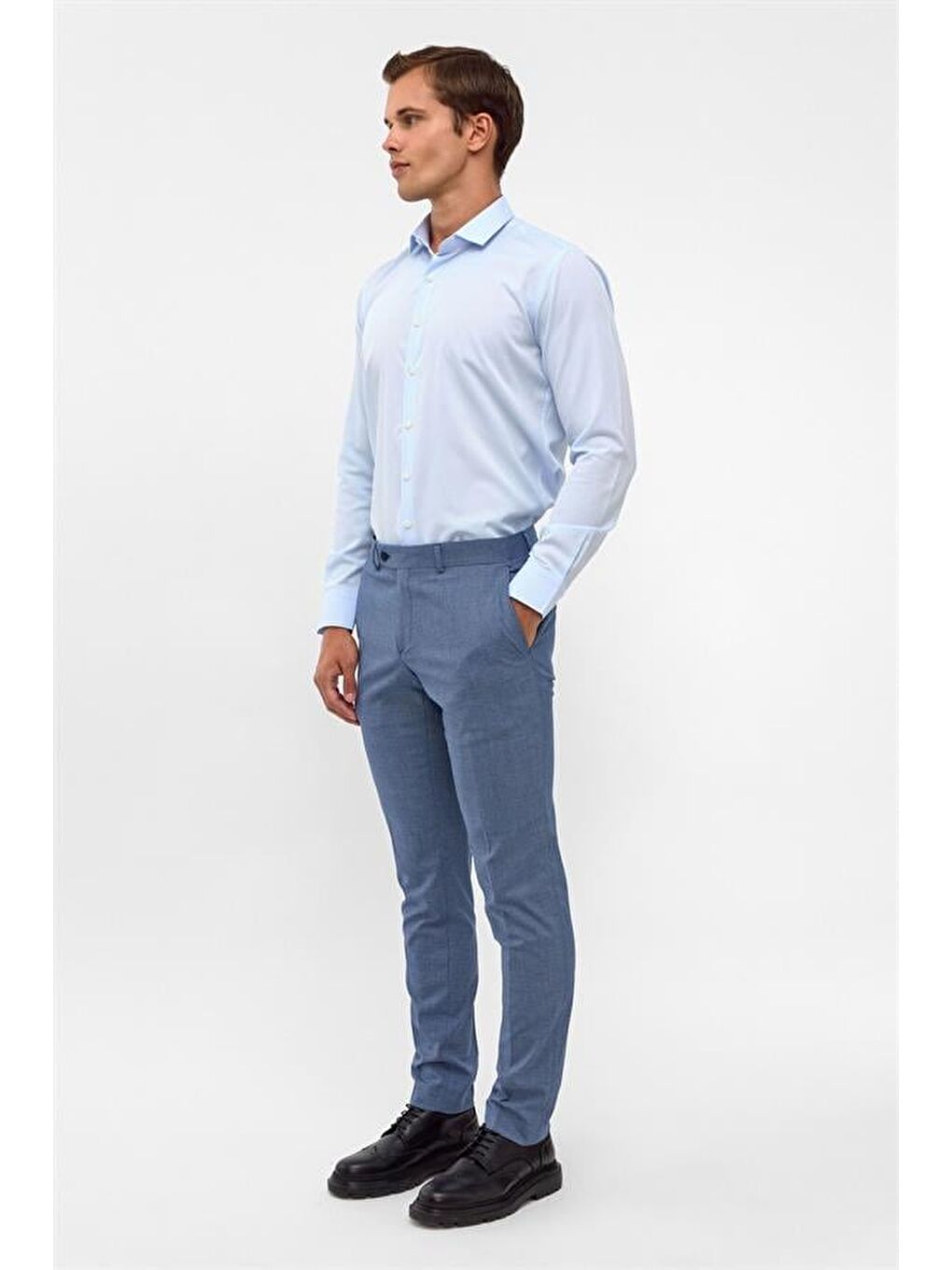 Buz Mavi Slim Armürlü Klasik Yaka Gömlek-1