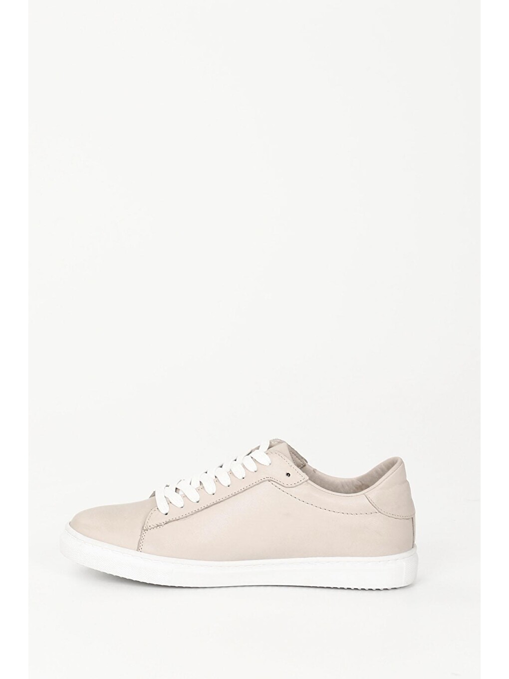 Bej Hakiki Deri Yuvarlak Burun Bağcıklı Kadın Sneaker 24237-5