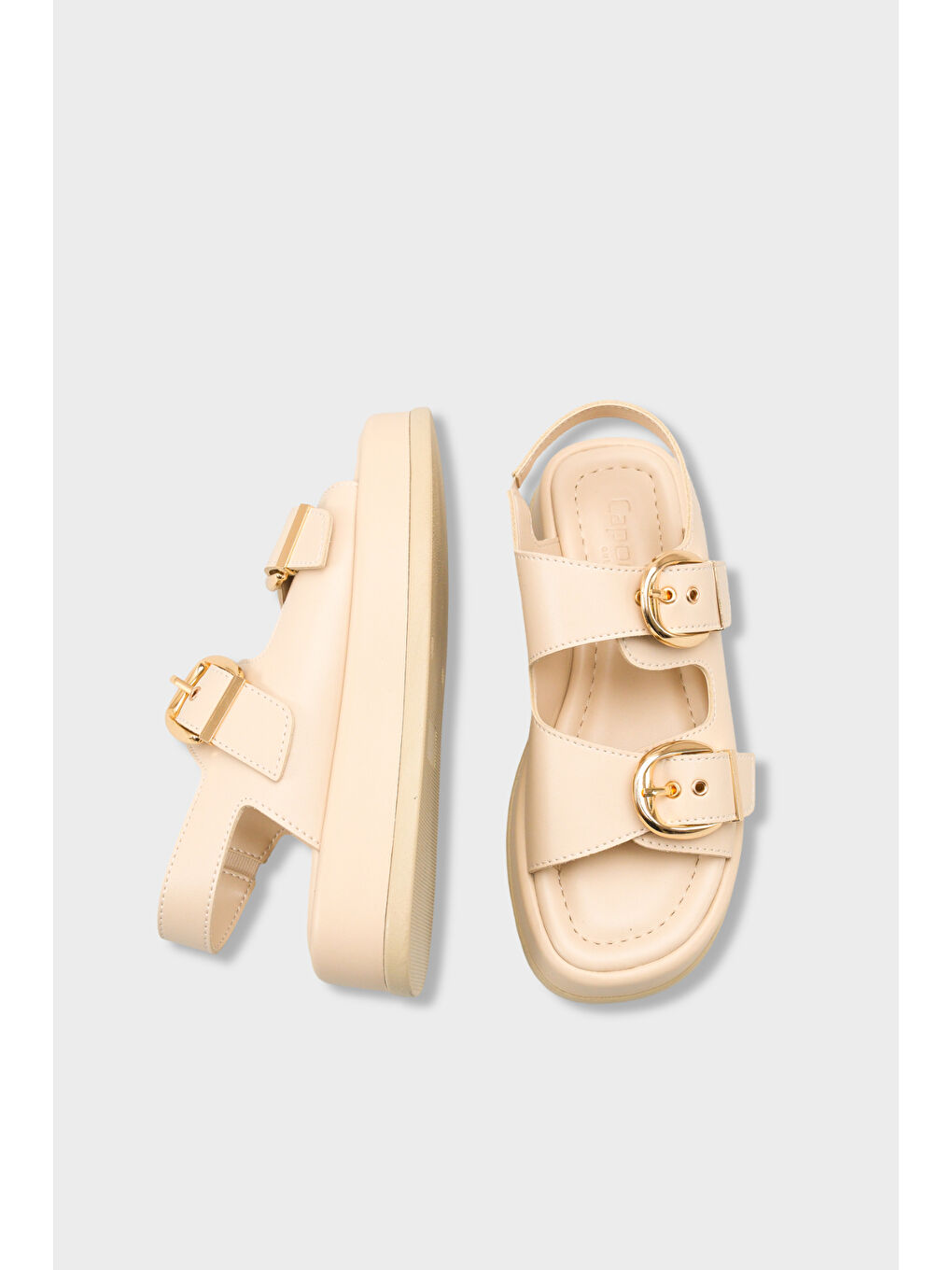 Bej Cortney Dolgu Topuklu Çift Bantlı Tokalı Kadın Sandalet-4