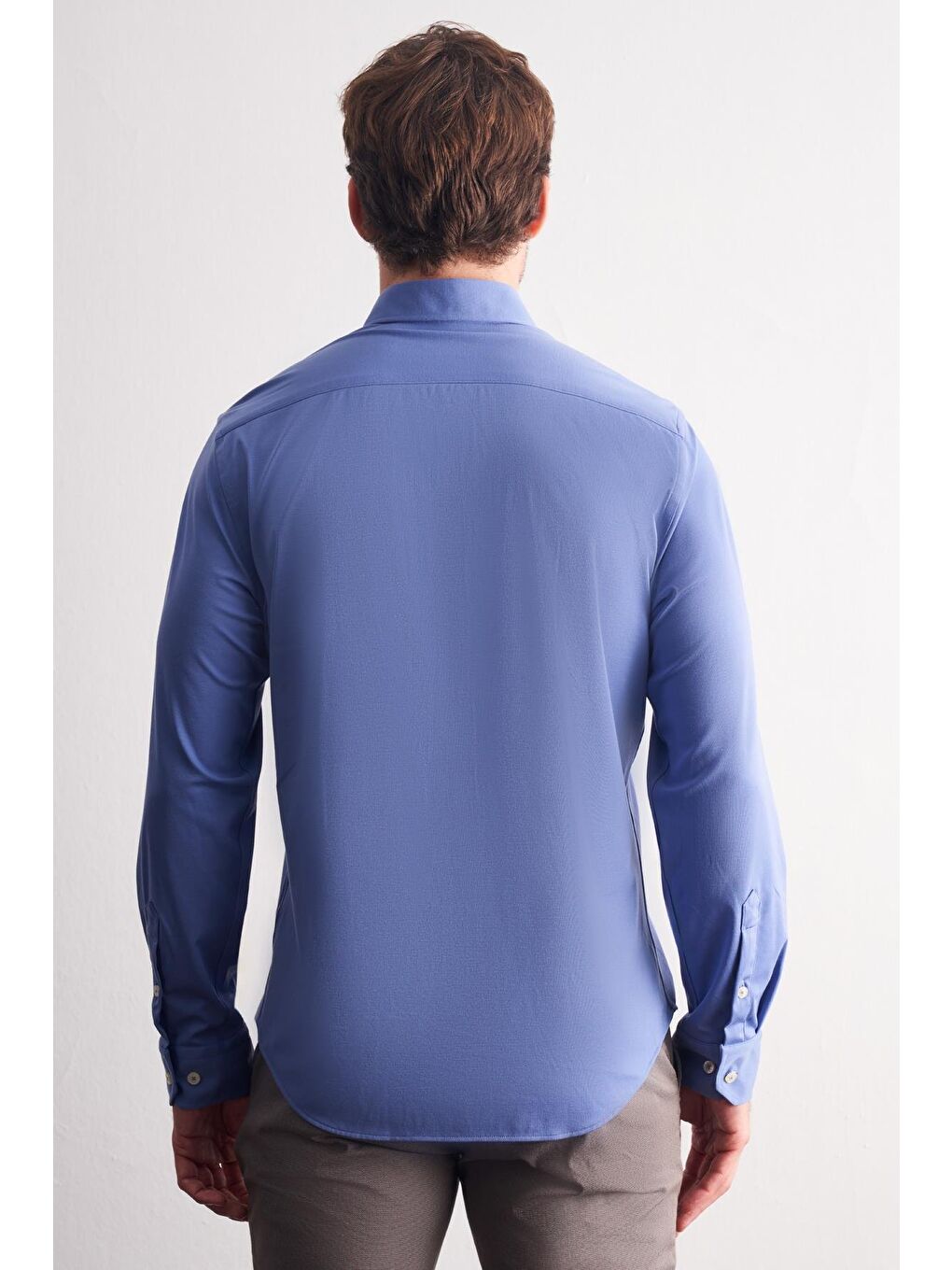 Koyu Mavi Düğmeli Yaka Örme Uzun Kol Performans Ürün Slim Fit Esnek Gömlek 1004255270-4