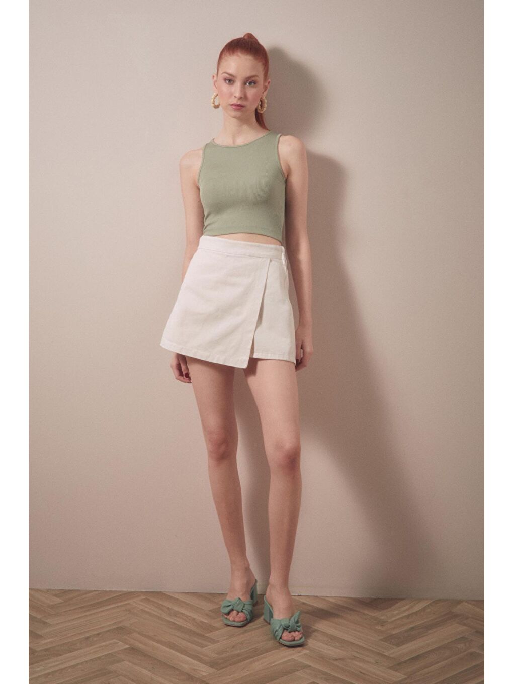 Fullamoda Bej Gabardin Yandan Fermuarlı Şort Etek - 2
