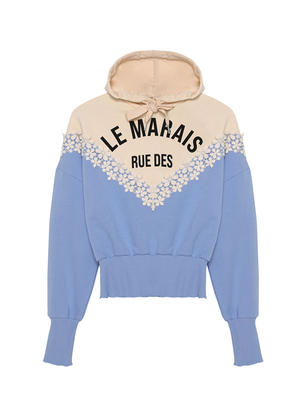 Dantel Çiçekli Baskılı Kapüşonlu Sweatshirt Mavi