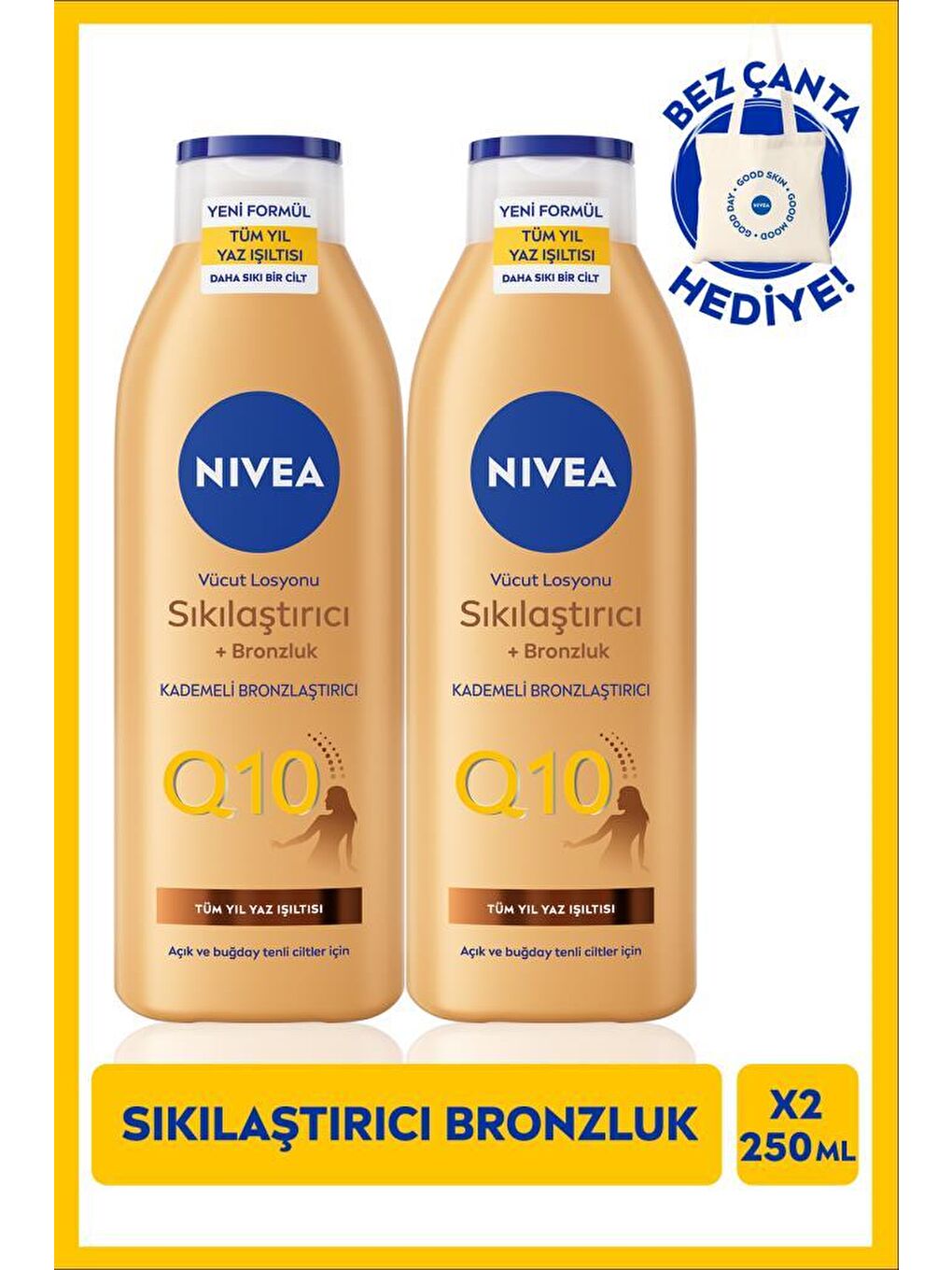 Q10 Sıkılaştırıcı Ve Bronzlaştırıcı Vücut Losyonu 250ml, Kademeli Bronzluk, X2 Adet, Çanta Hed