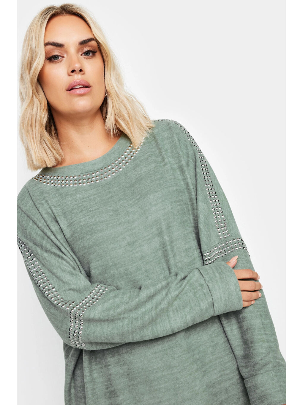 Yeşil Büyük Beden Bisiklet Yaka Uzun Kollu Zımba Detaylı Kazak 303075-1