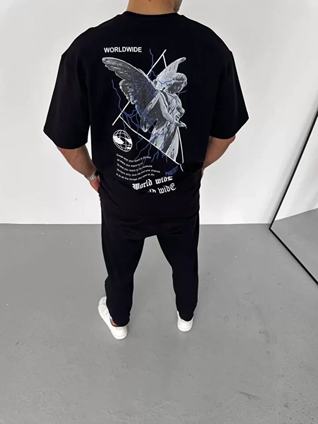 Unisex Bisiklet Yaka Baskılı Oversize T-Shirt - Siyah-2