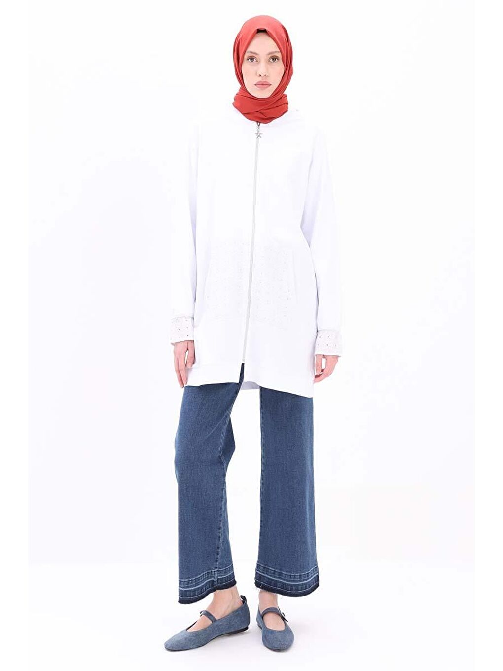 Beyaz-Fisto Detaylı Sweat Hırka-1