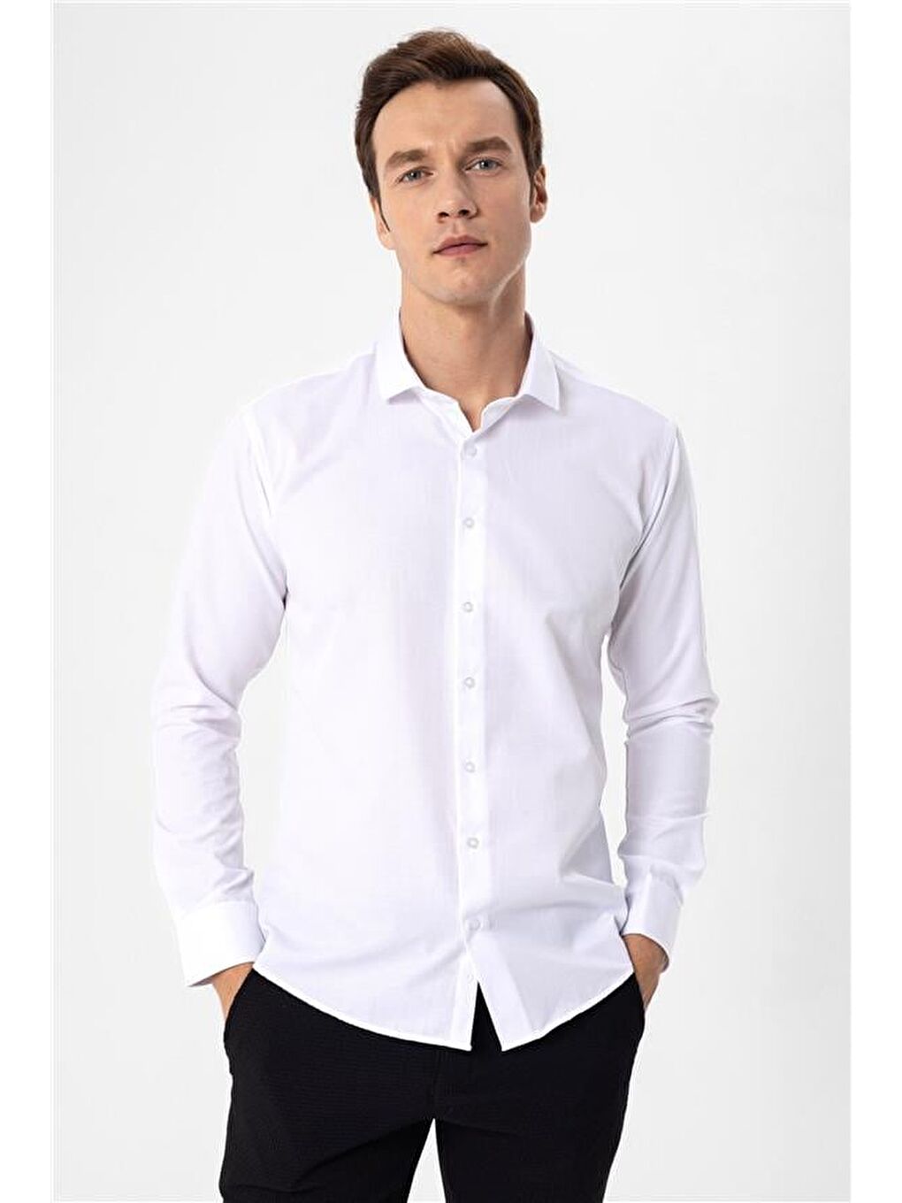 Beyaz Slim Armürlü Klasik Yaka Gömlek-2