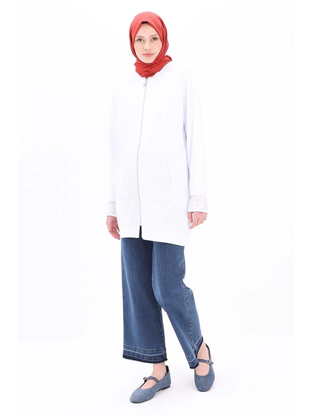 Beyaz-Fisto Detaylı Sweat Hırka-4