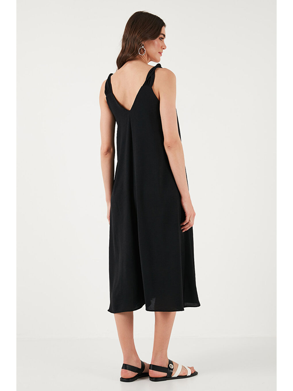 Siyah Oversize Fit V Yaka Midi Boy Basic Kadın Elbise 6788688-6