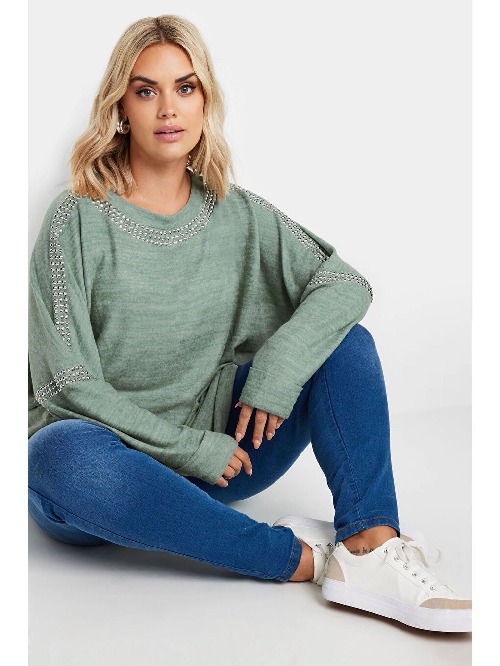 Yeşil Büyük Beden Bisiklet Yaka Uzun Kollu Zımba Detaylı Kazak 303075-3