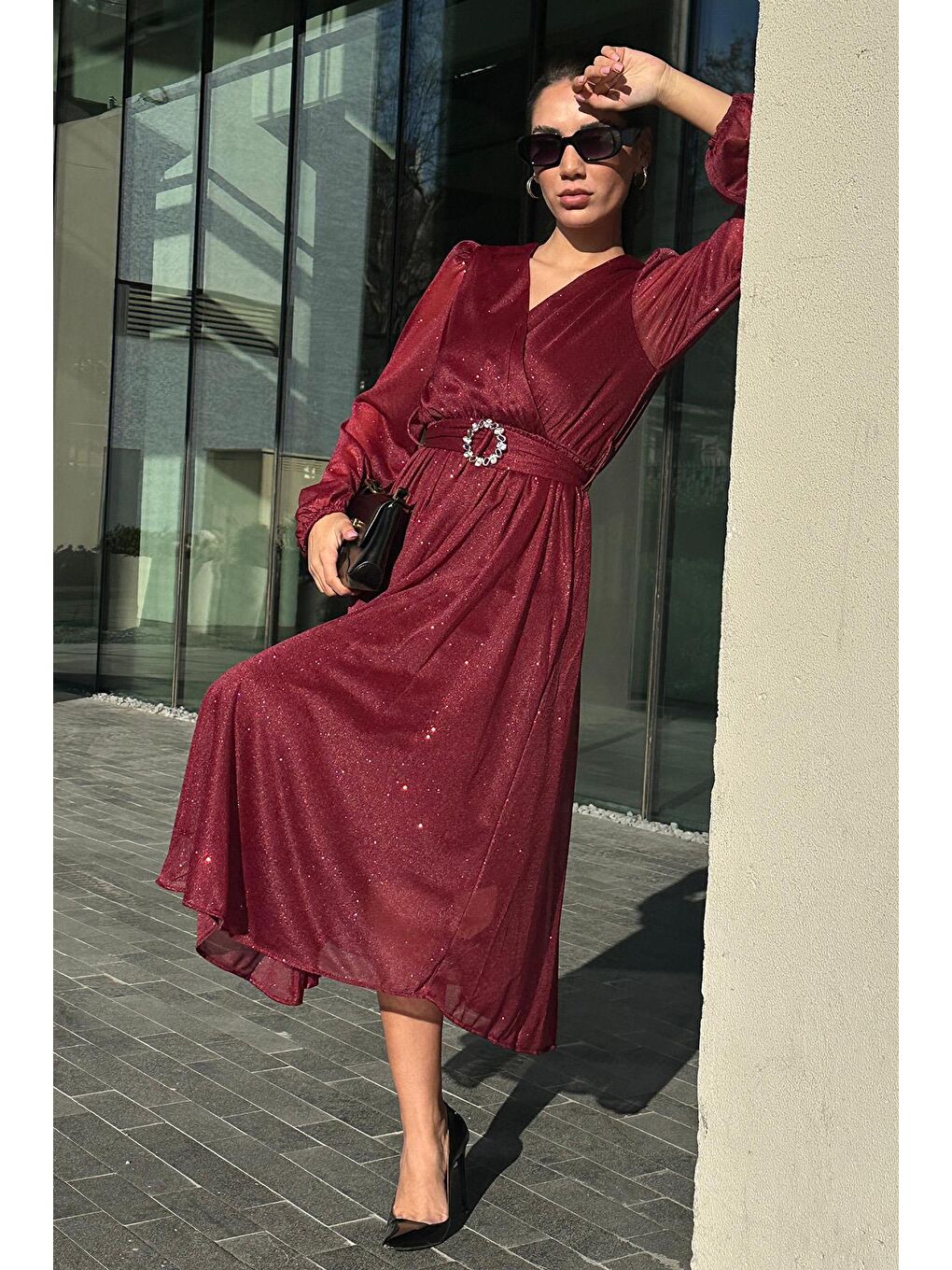 Bordo Kemerli Simli Kadın Midi Boy Elbise Mg2270-1