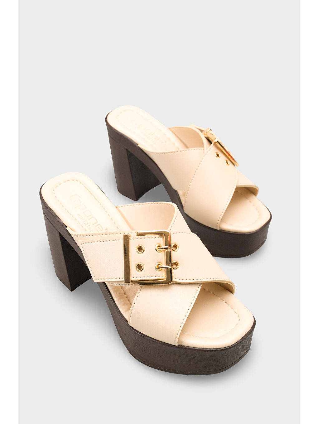 Bej Marlo Platform Çapraz Bantlı Metal Tokalı Kadın Terlik-1