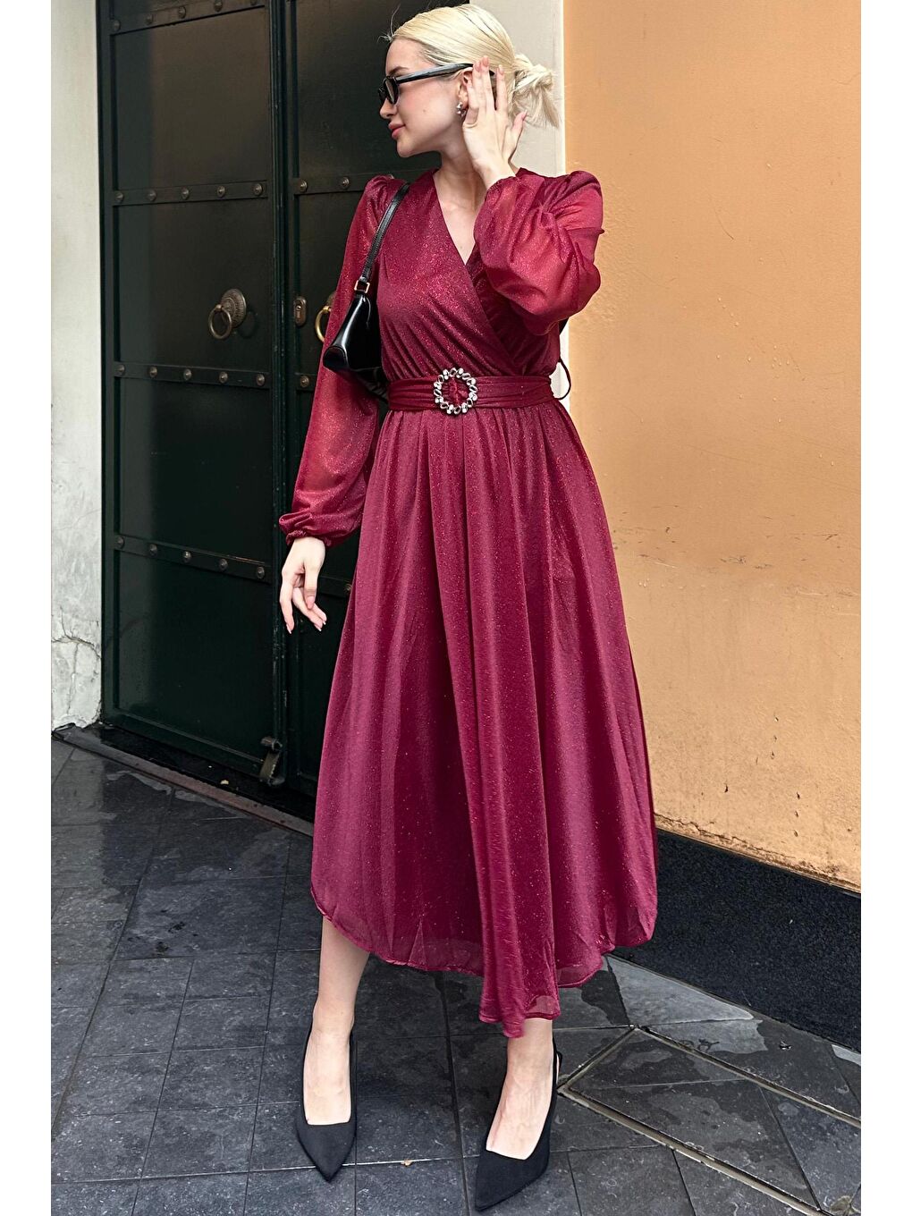 Bordo Kemerli Simli Kadın Midi Boy Elbise Mg2270-4