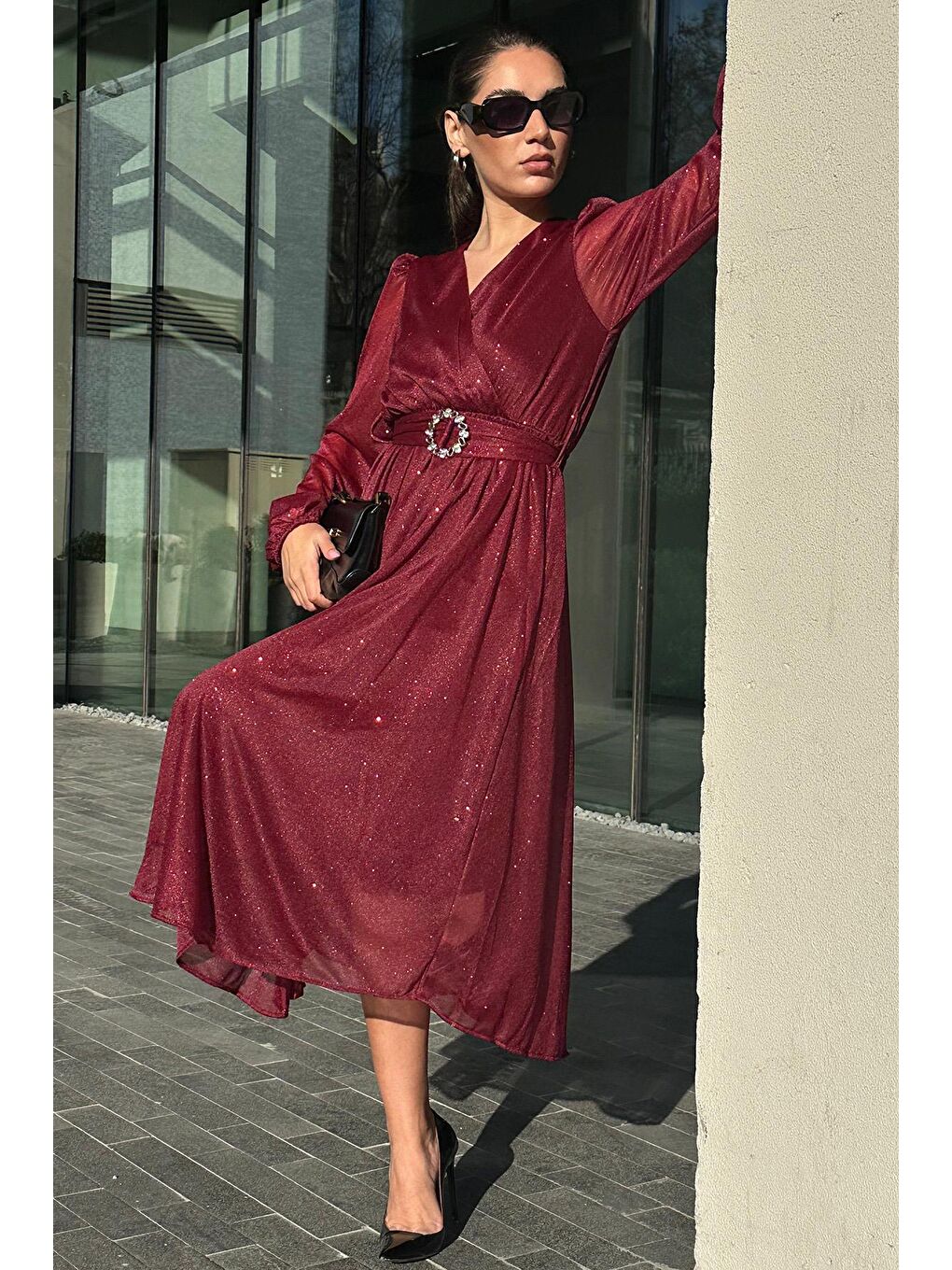Bordo Kemerli Simli Kadın Midi Boy Elbise Mg2270-5