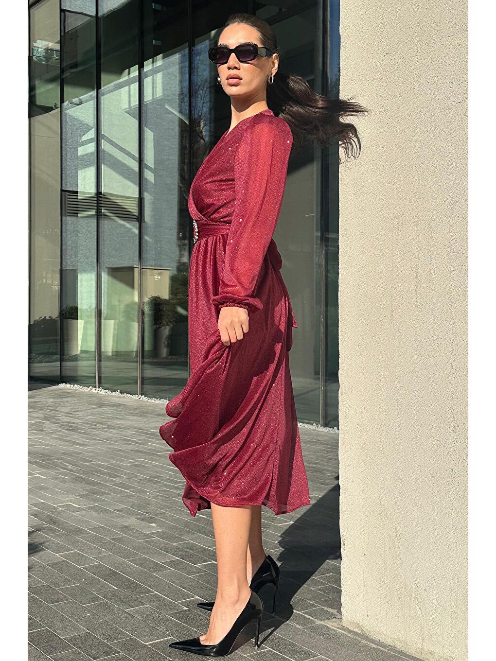 Bordo Kemerli Simli Kadın Midi Boy Elbise Mg2270-6