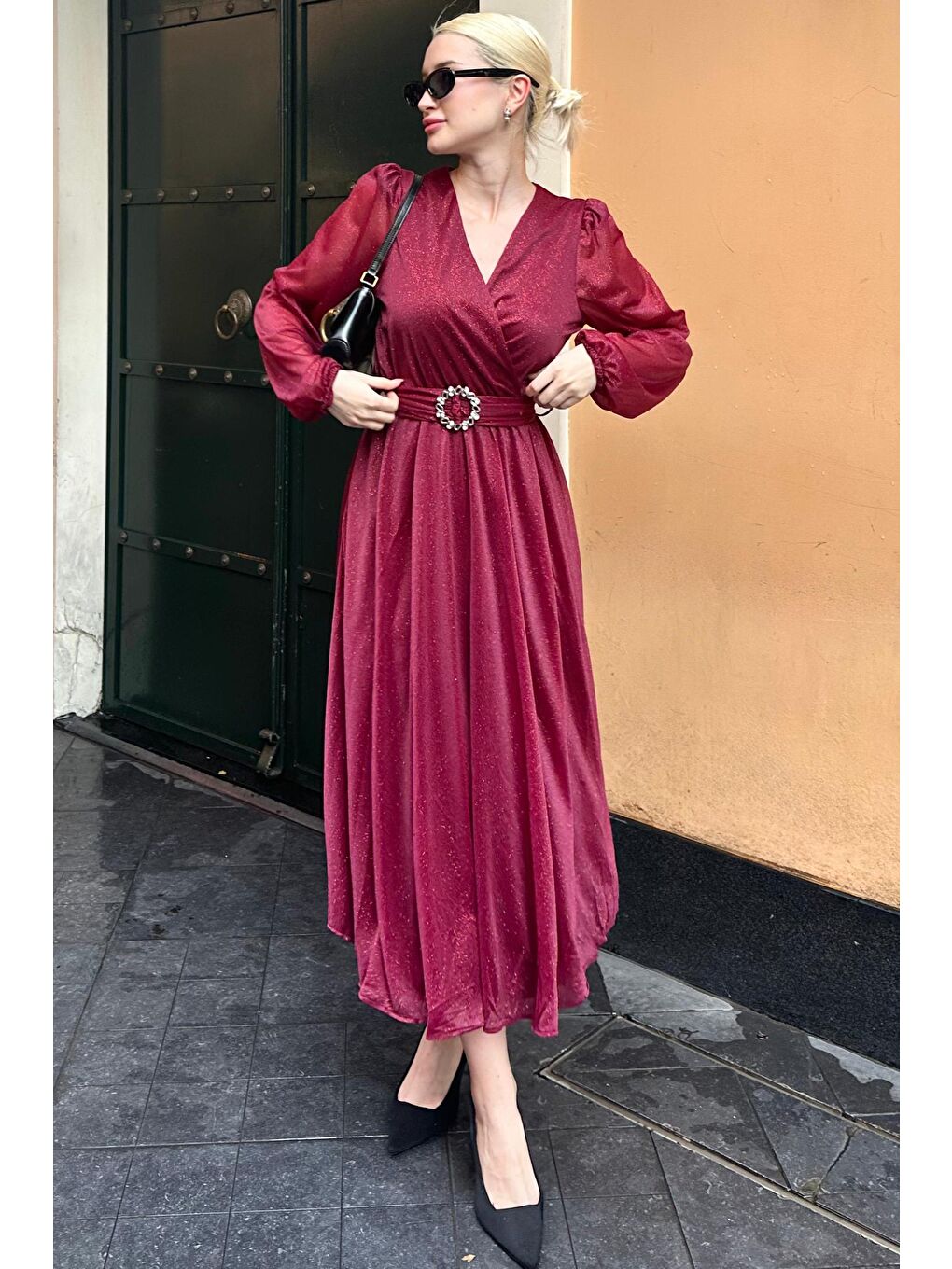 Bordo Kemerli Simli Kadın Midi Boy Elbise Mg2270-7