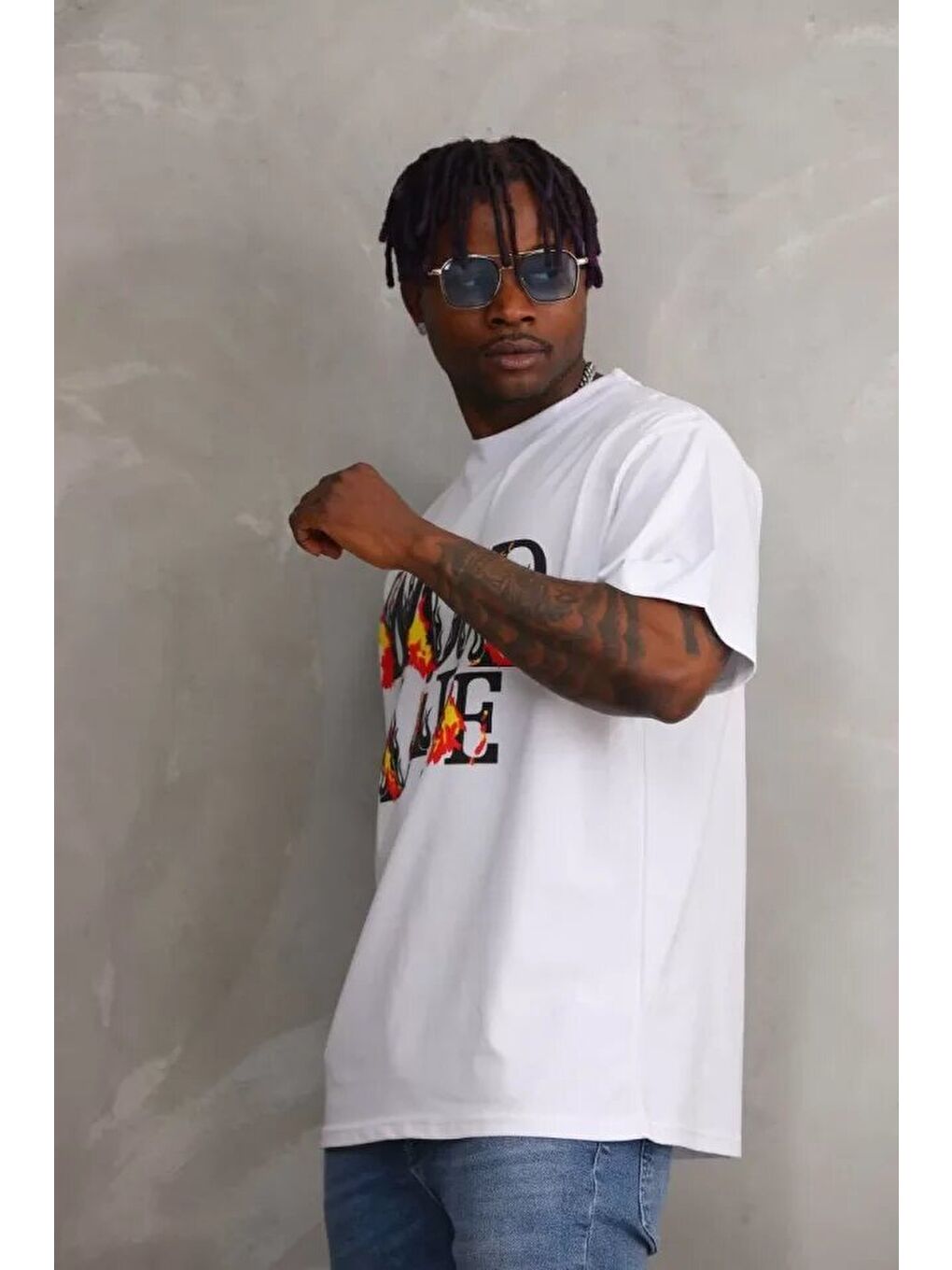 Unisex Baskılı Oversize T-Shirt - Beyaz-3