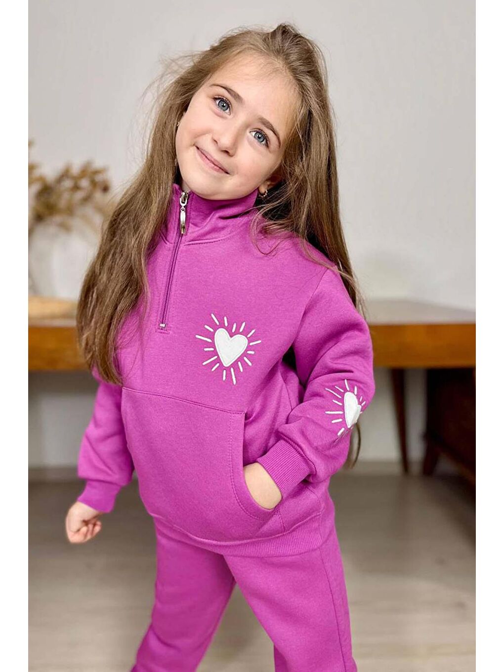 Kız Çocuk Kalp Emoji Baskılı Kanguru Cepli Fermuarlı Sweat Mor Eşofman Takım-1