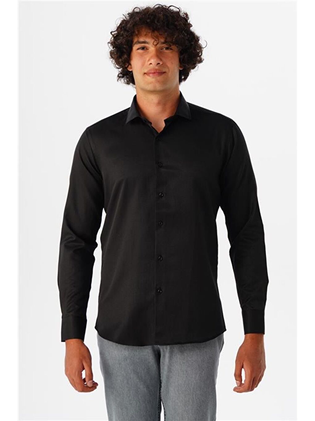 Siyah Slim Armürlü Klasik Yaka Gömlek