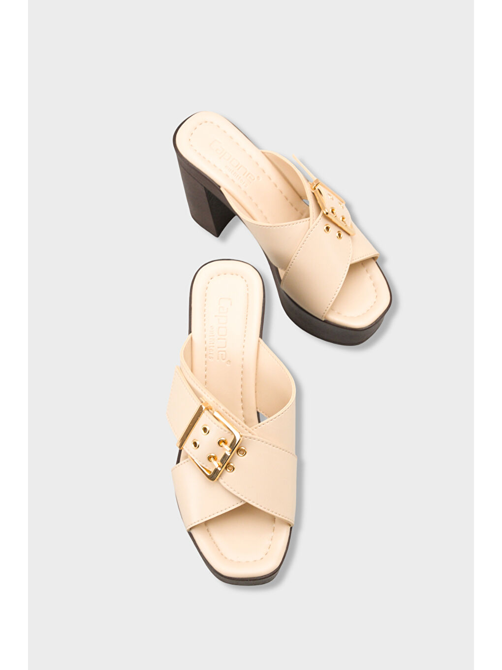 Bej Marlo Platform Çapraz Bantlı Metal Tokalı Kadın Terlik-4