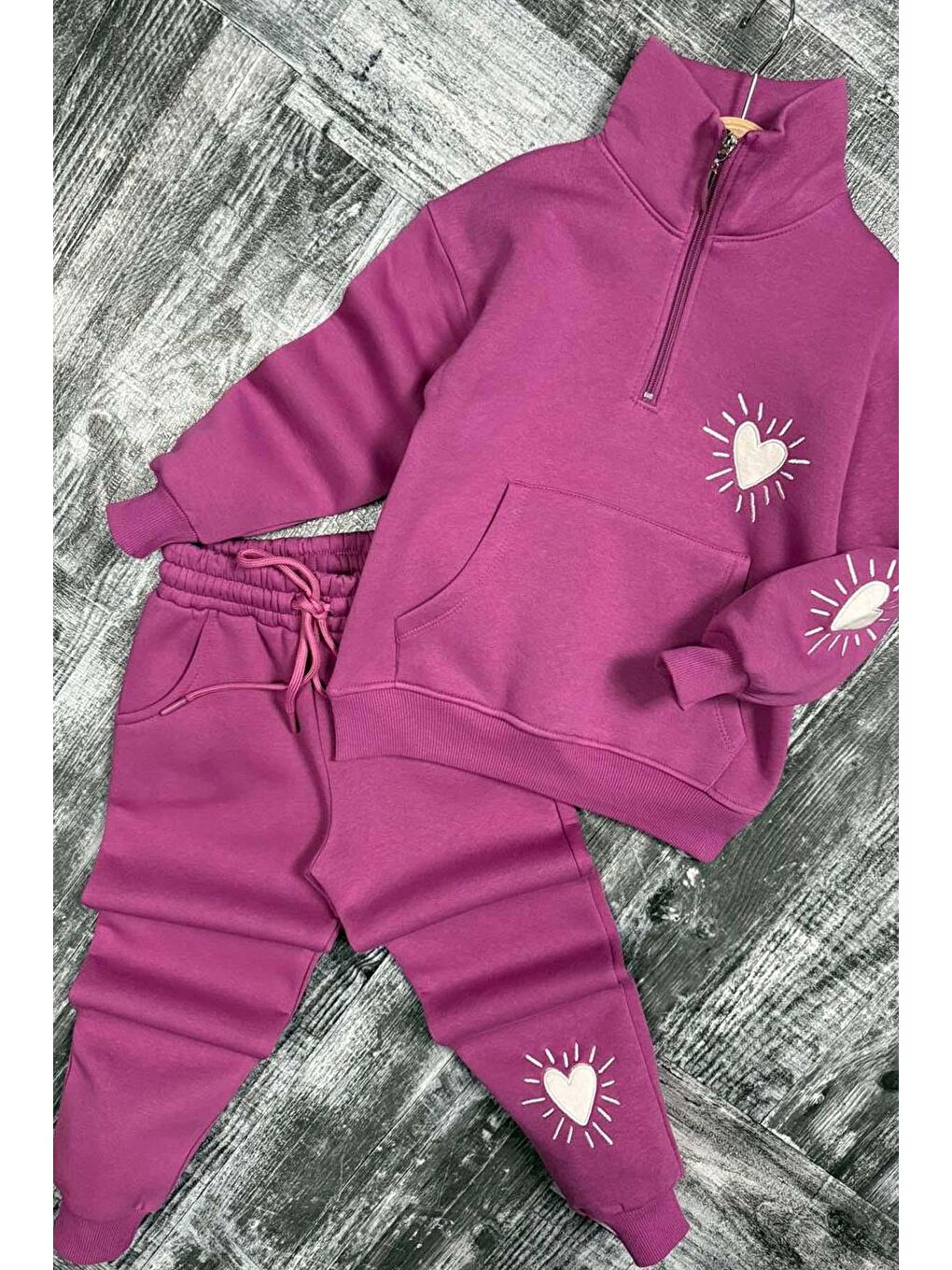 Kız Çocuk Kalp Emoji Baskılı Kanguru Cepli Fermuarlı Sweat Mor Eşofman Takım-2