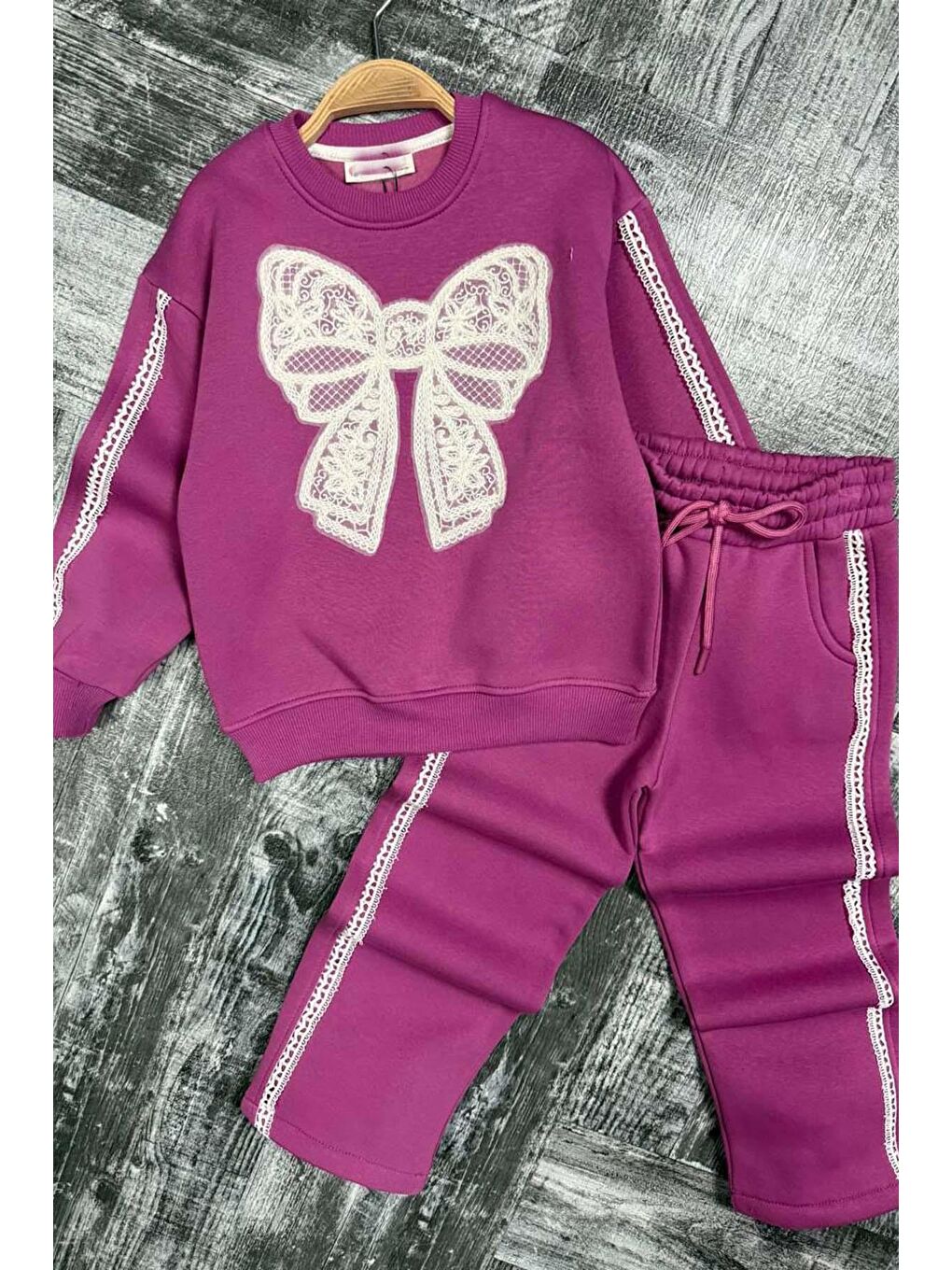 Kız Çocuk Göğsü Kurdela Dantel Şerit Detaylı Bağcıklı 3 İplik Mor Eşofman Takım-2