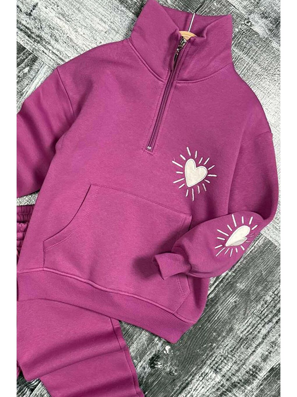 Kız Çocuk Kalp Emoji Baskılı Kanguru Cepli Fermuarlı Sweat Mor Eşofman Takım-4