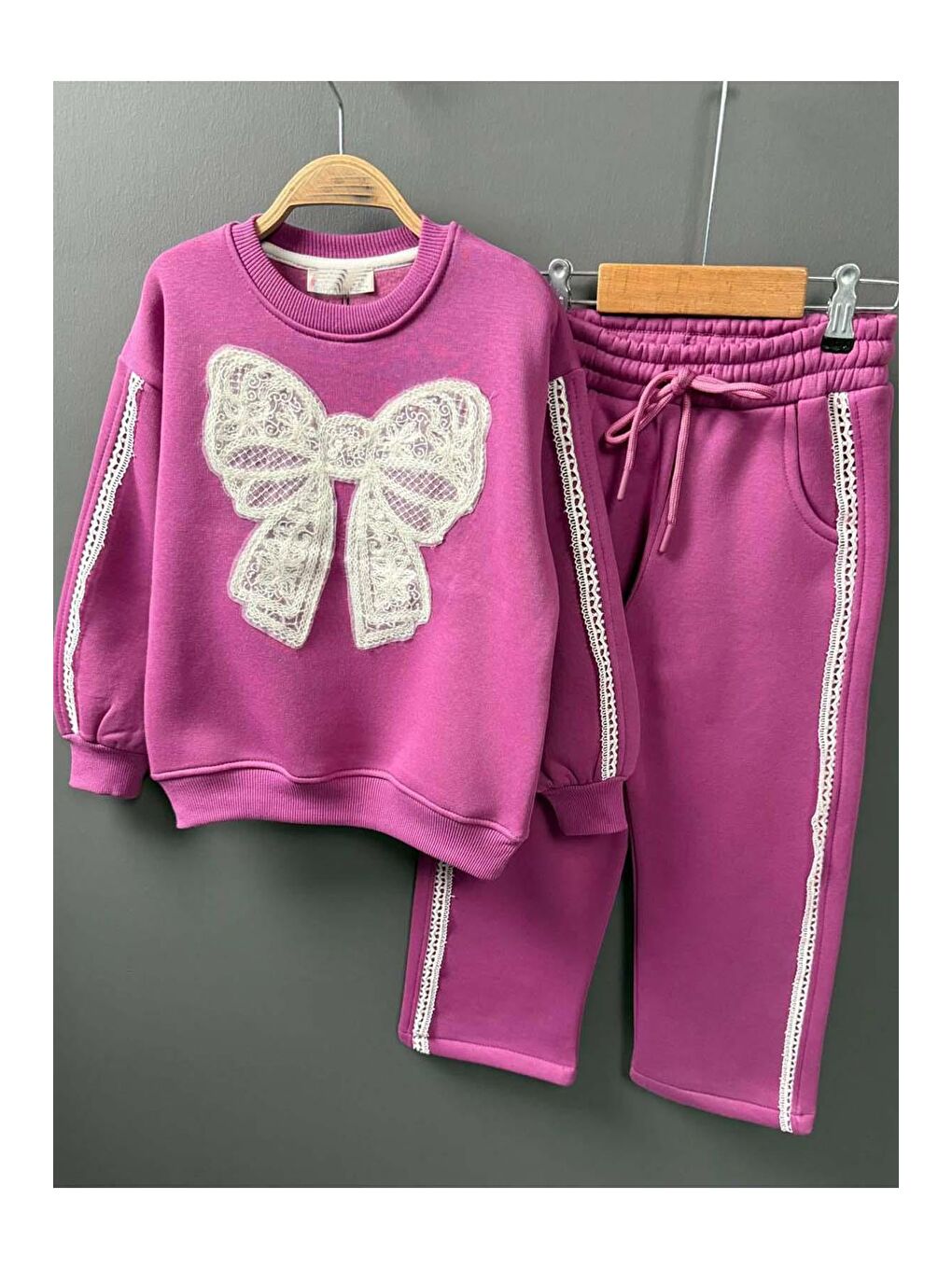Kız Çocuk Göğsü Kurdela Dantel Şerit Detaylı Bağcıklı 3 İplik Mor Eşofman Takım-3