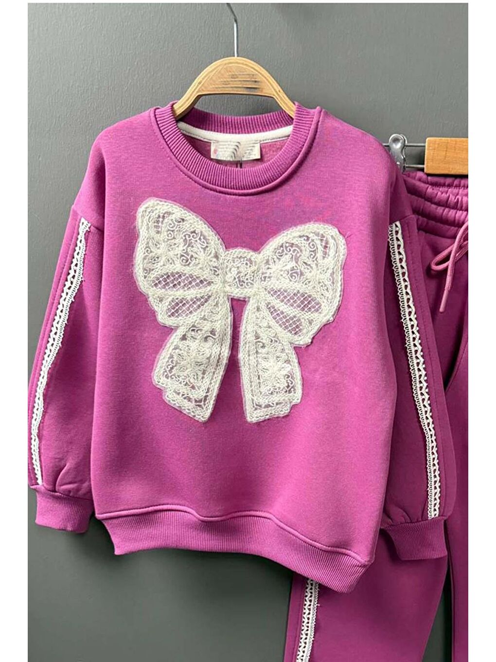 Kız Çocuk Göğsü Kurdela Dantel Şerit Detaylı Bağcıklı 3 İplik Mor Eşofman Takım-4