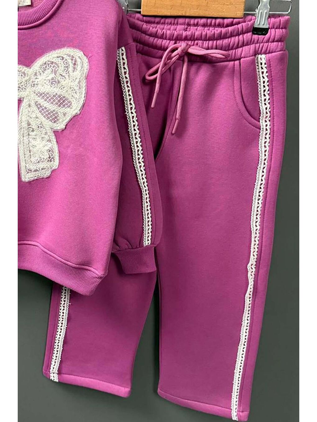 Kız Çocuk Göğsü Kurdela Dantel Şerit Detaylı Bağcıklı 3 İplik Mor Eşofman Takım-5