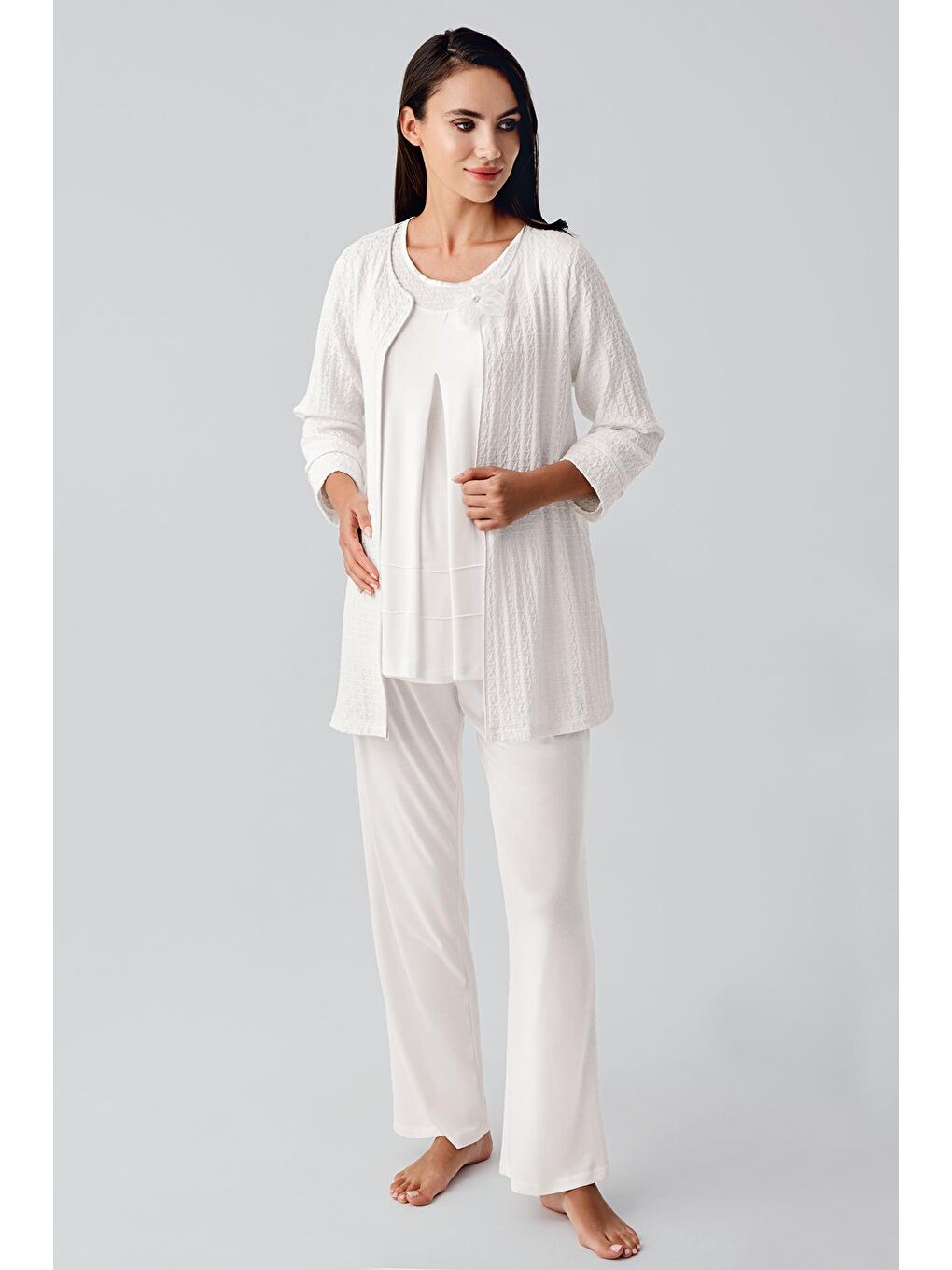 Ekru Uzun Kollu Esnek Viskon Hamile Sabahlık Pijama Takım 11300