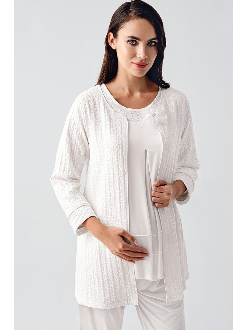 Ekru Uzun Kollu Esnek Viskon Hamile Sabahlık Pijama Takım 11300-1