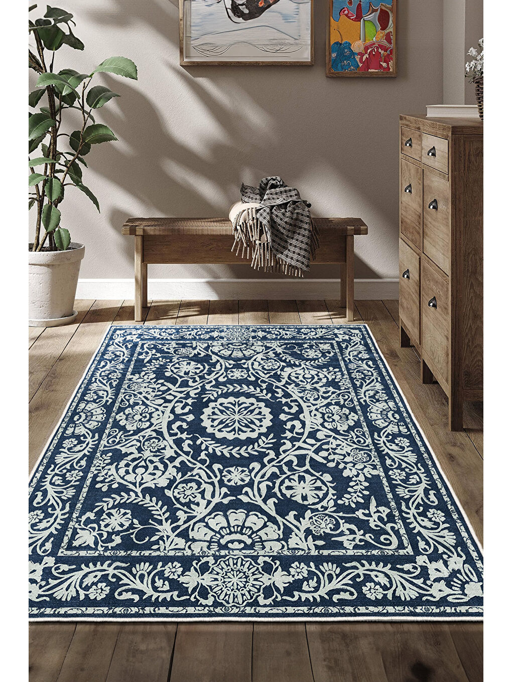 Lacivert Dekoratif Özel Tasarım Yıkanabilir İnce Kaymaz Tabanlı Modern Halı KECE FR23-1