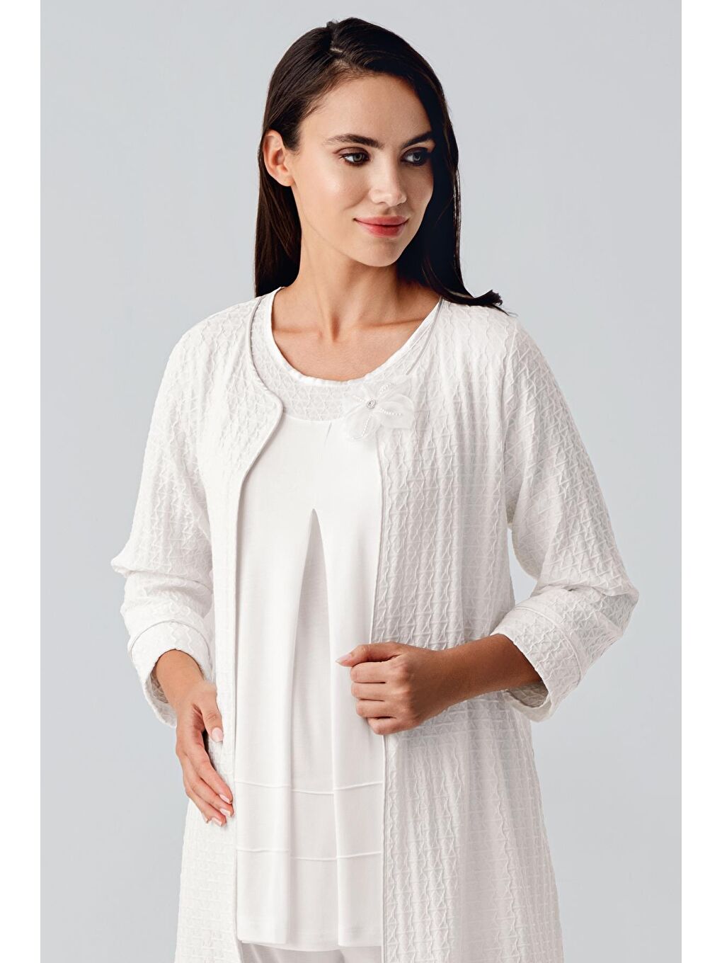 Ekru Uzun Kollu Esnek Viskon Hamile Sabahlık Pijama Takım 11300-2